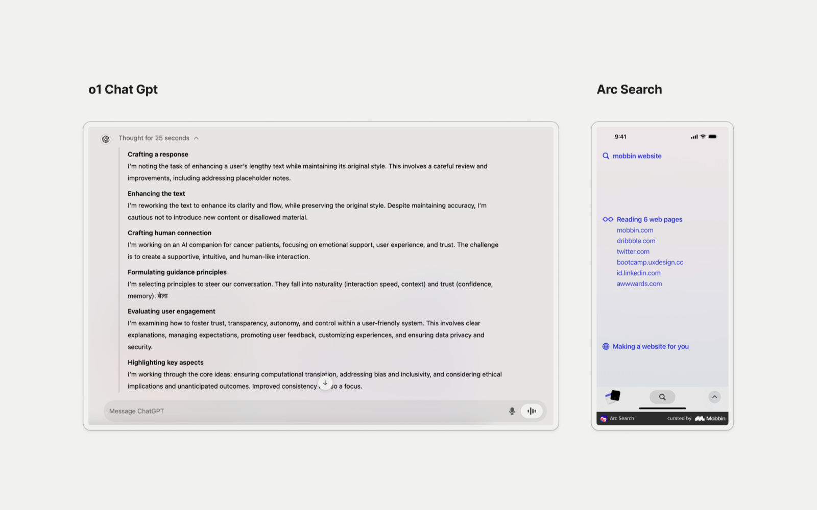 ChatGPT and Arc Search references showing visible progress while an AI works