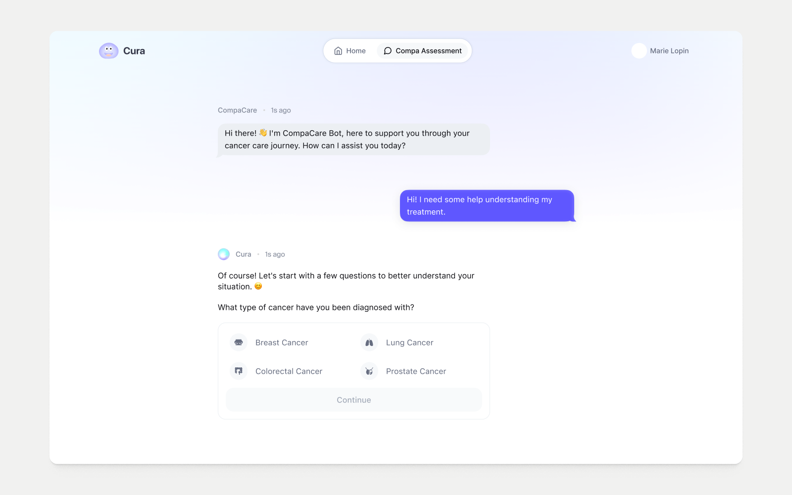 Cura conversation offering structured cancer-type options instead of an empty prompt