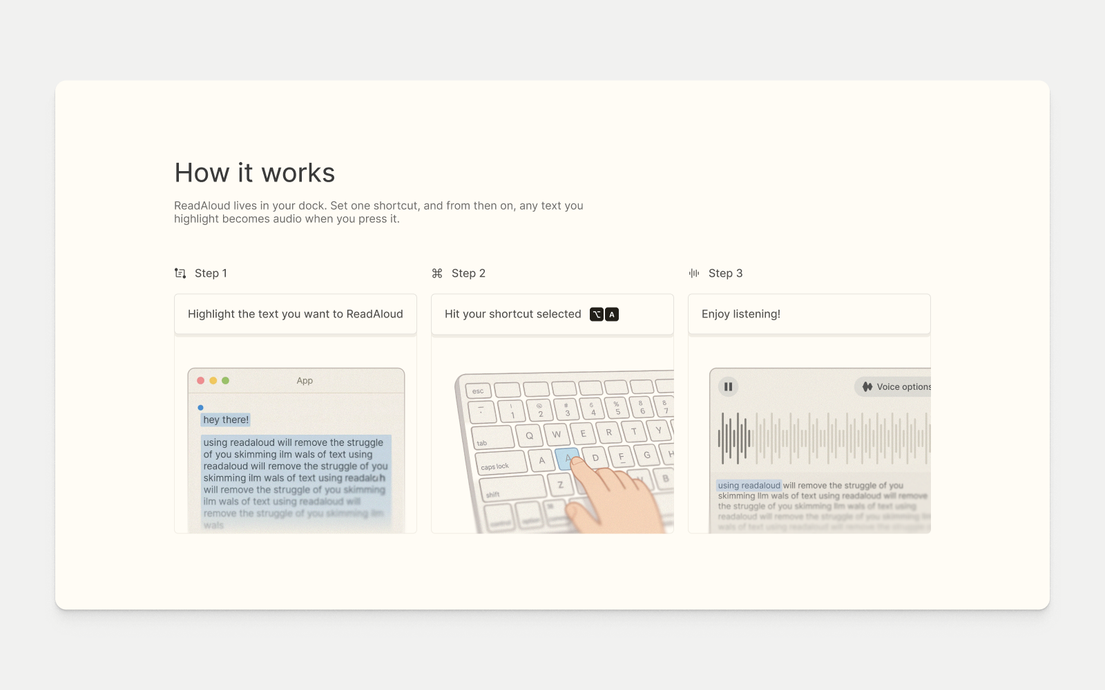 ReadAloud landing page showing how the app works