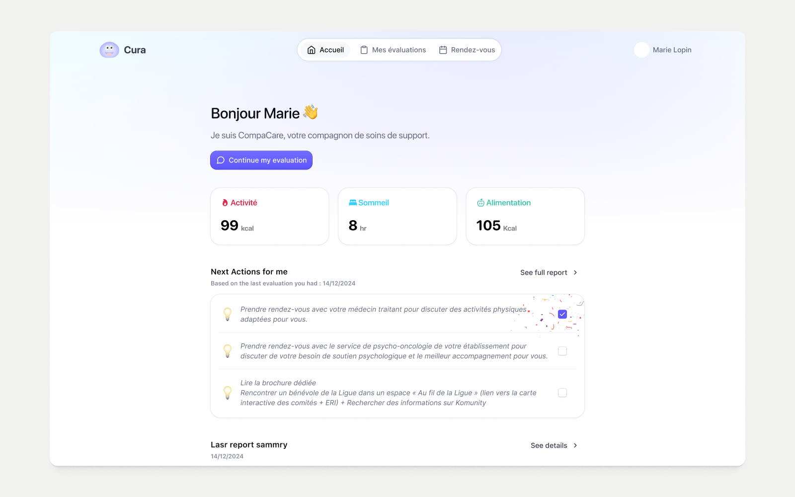 Cura dashboard with evaluation progress, health summaries, and next actions