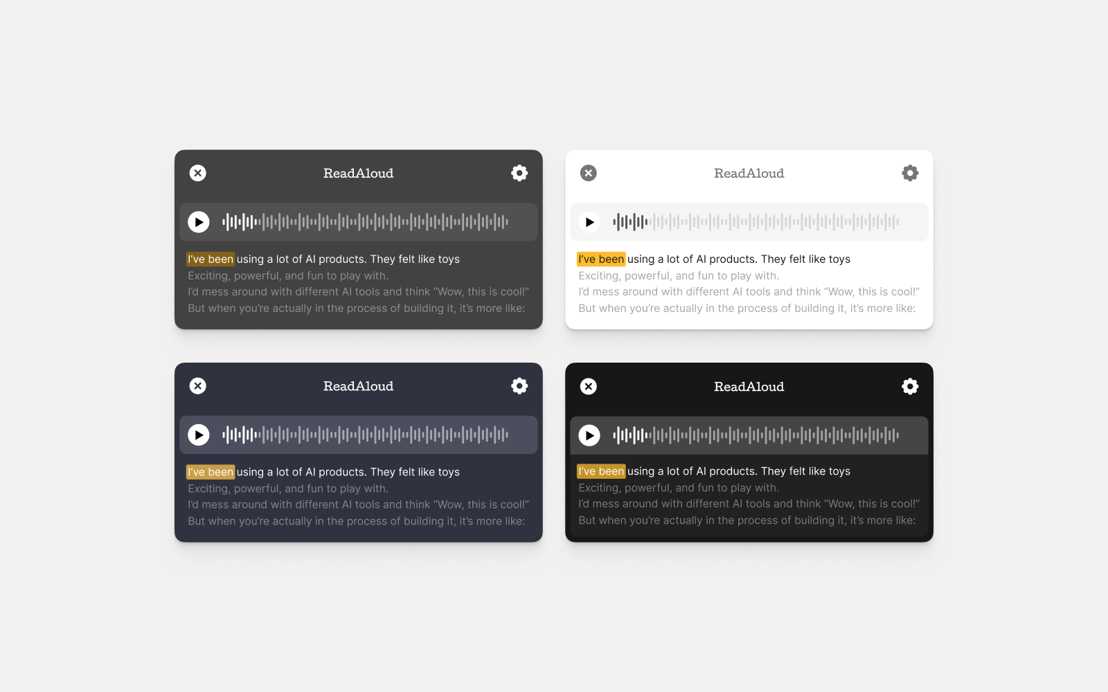 Four light and dark ReadAloud panel variants