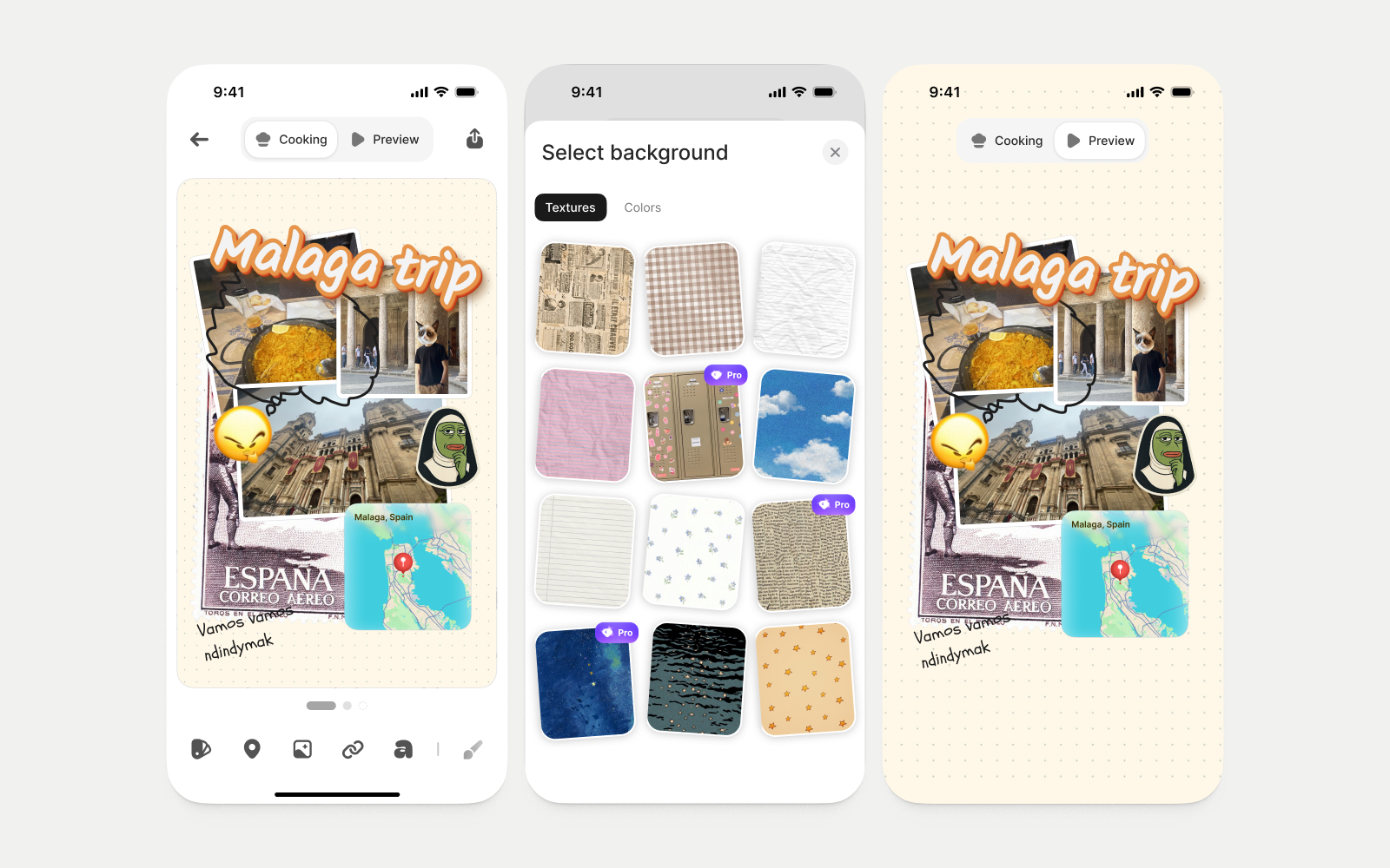 Sparknest mobile editor, background picker, and finished Malaga trip memory