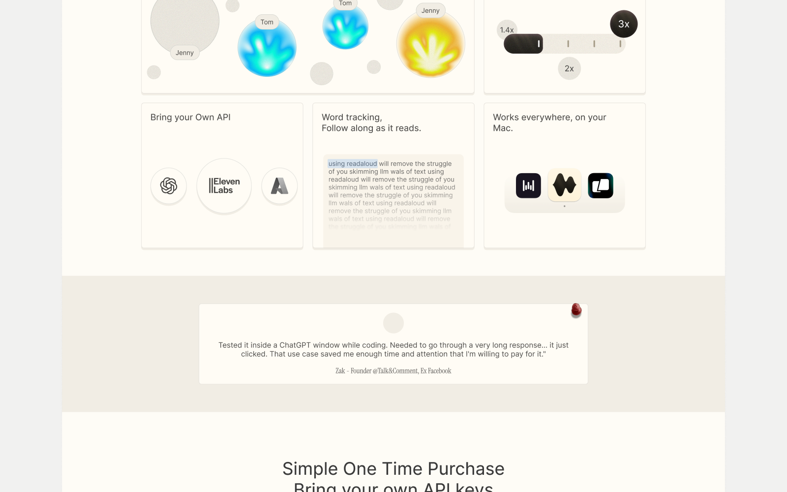 ReadAloud landing page feature grid