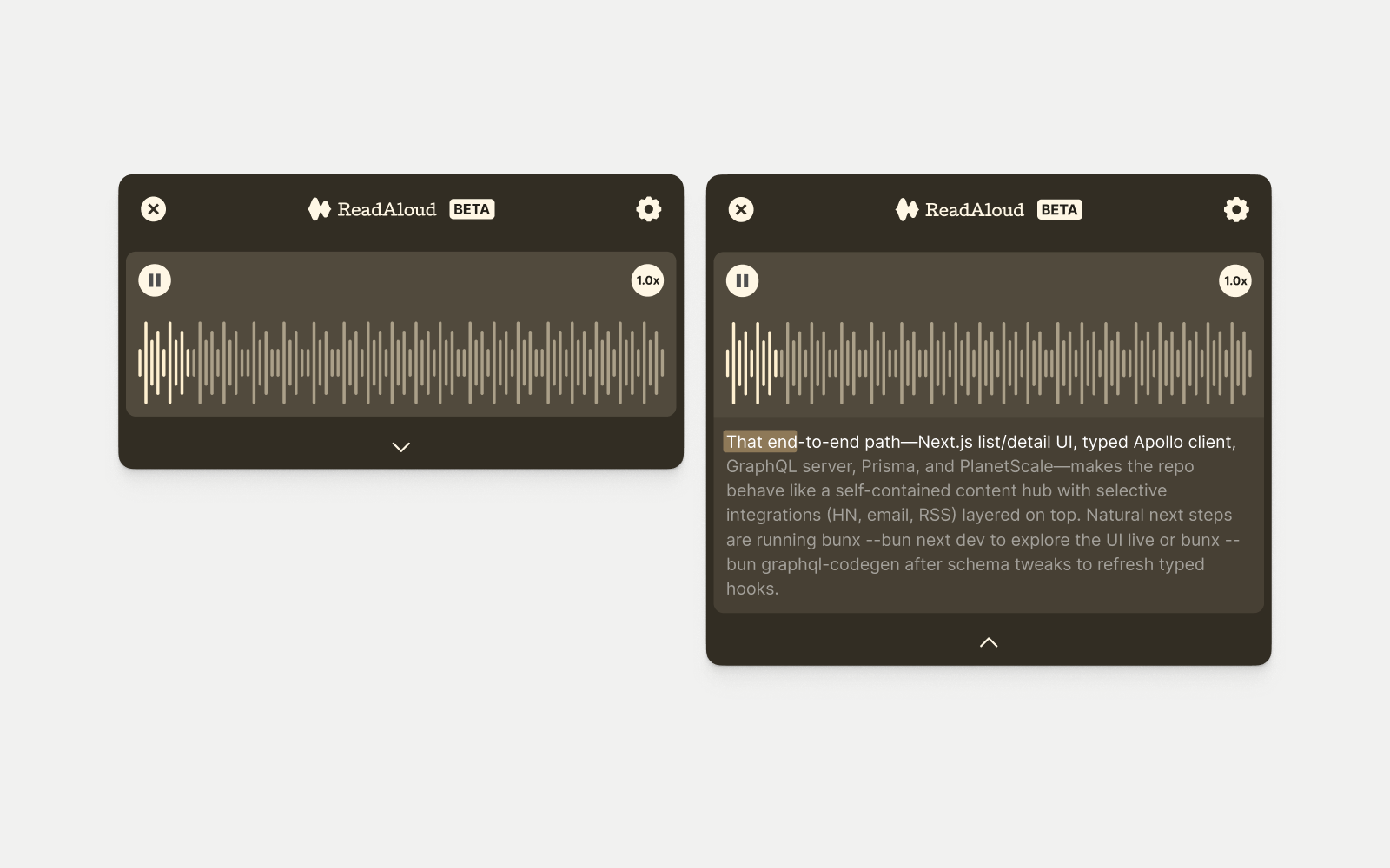Compact and expanded ReadAloud playback states