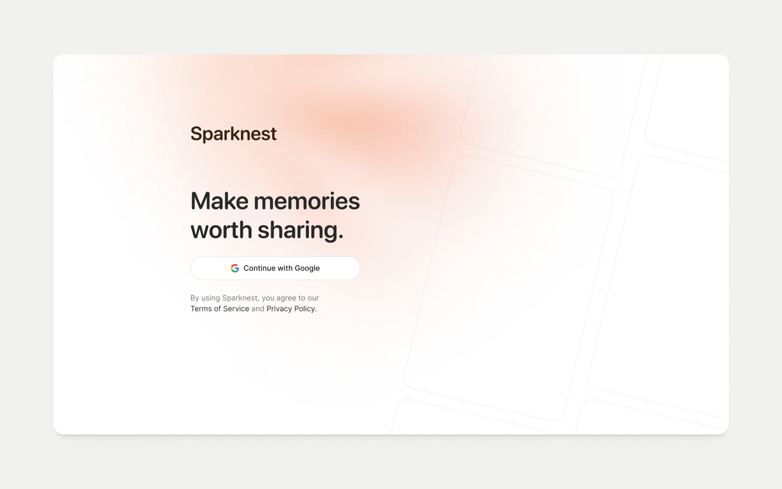 Sparknest sign-in screen with the message Make memories worth sharing