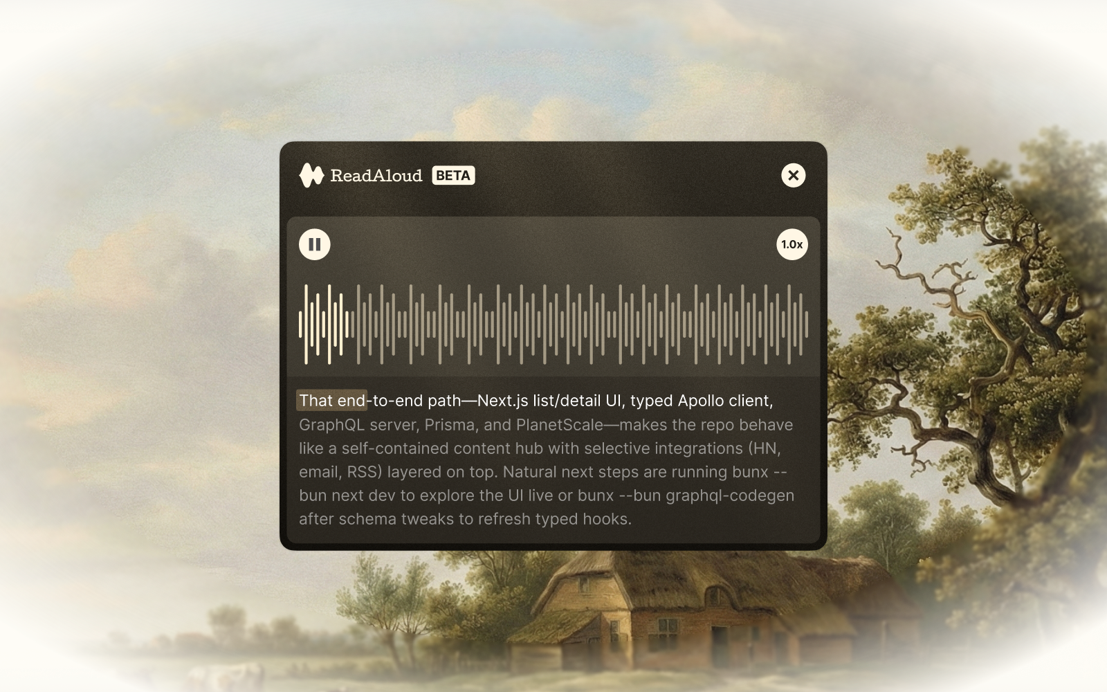 ReadAloud playback panel floating over a painted landscape