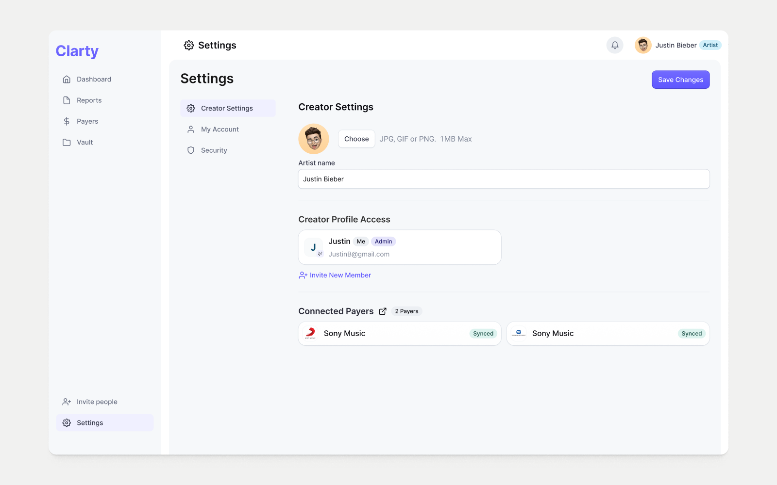 Clarty desktop creator settings and connected payers