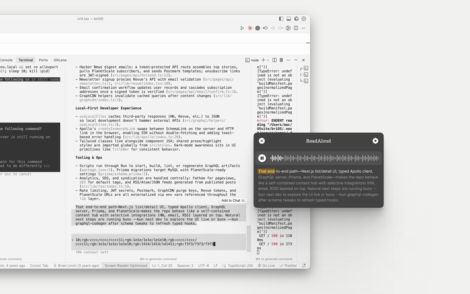 ReadAloud playback panel open over a coding workspace