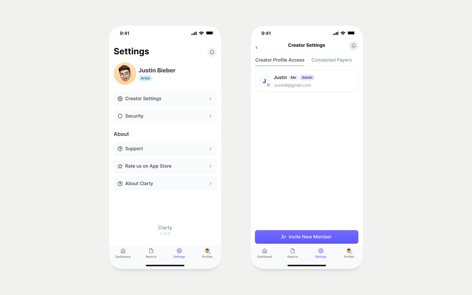Clarty mobile splash, sign-in, settings, and creator setup screens
