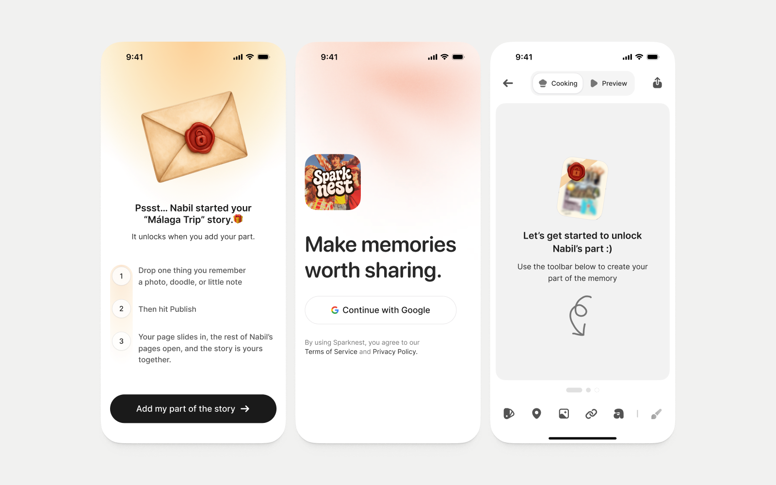 Sparknest invitation, sign-in, and collaborative memory creation flow