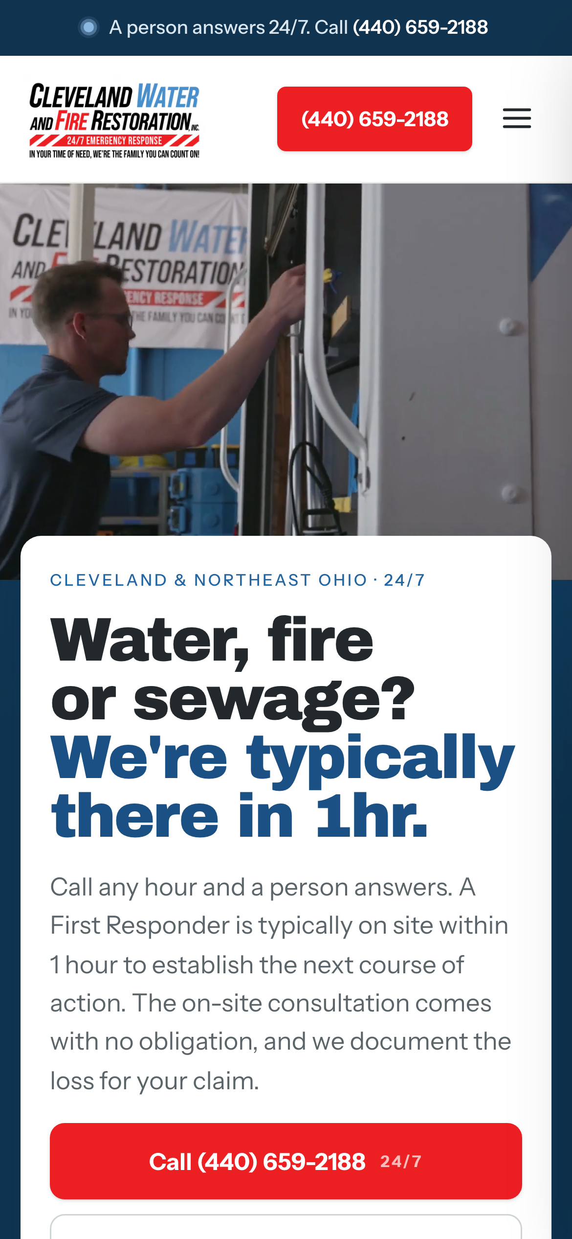 Cleveland Water & Fire Restoration website on a phone