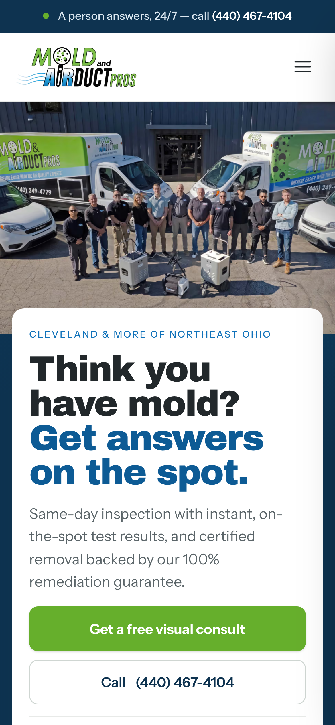 Mold & Air Duct Pros website on a phone