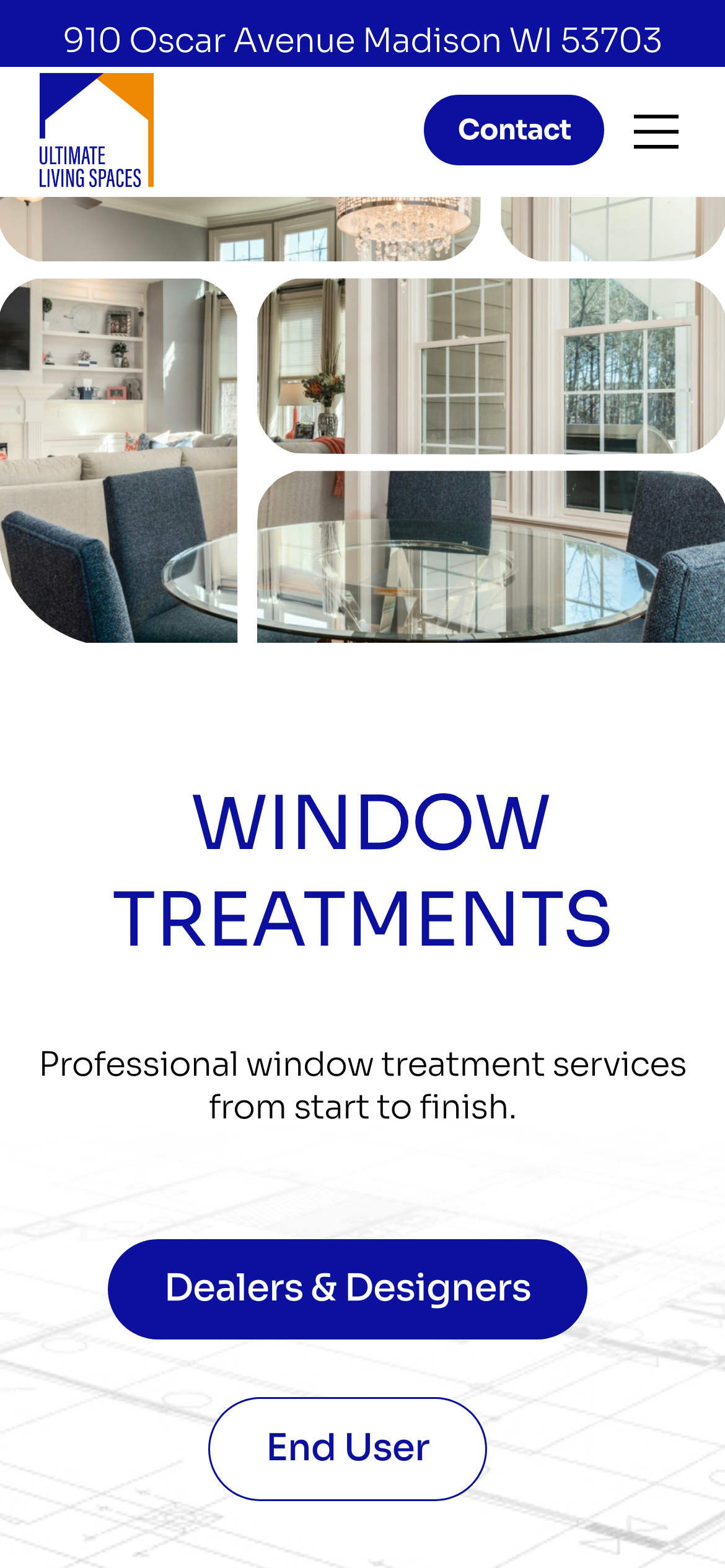 Ultimate Living Spaces website on a phone