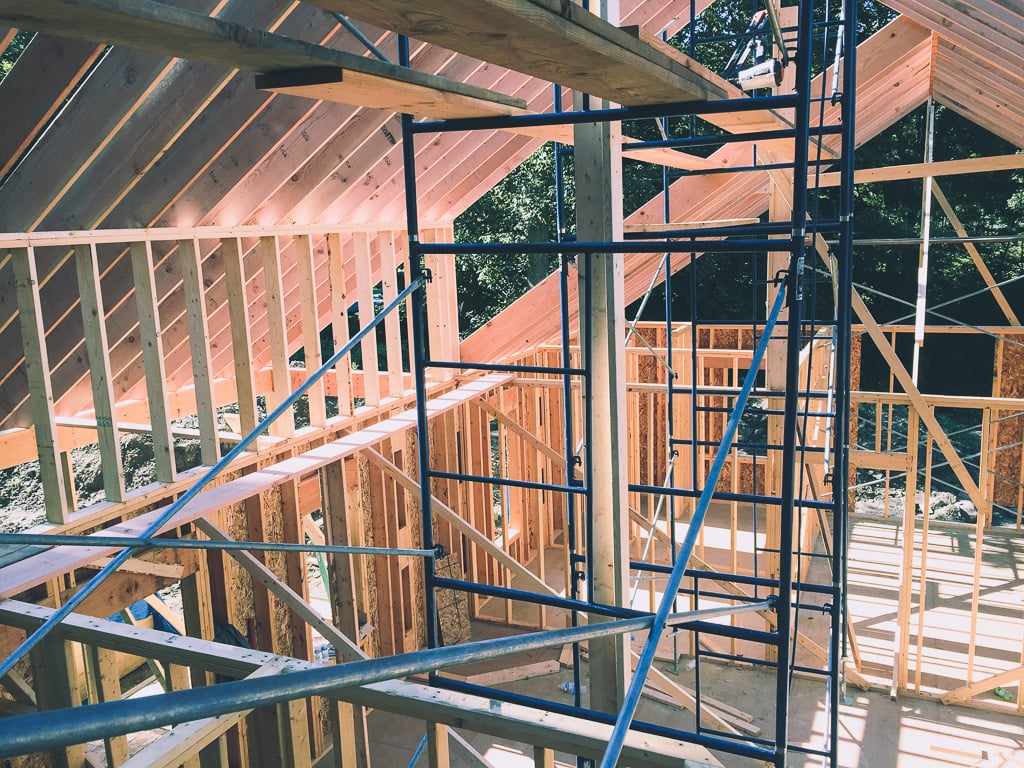 Interior framing with scaffolding on a new build