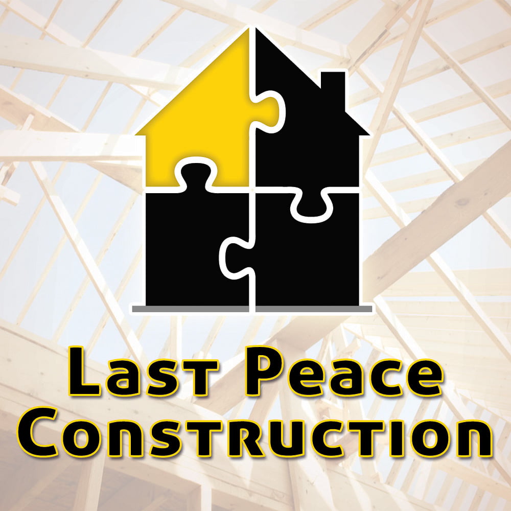 Last Peace Construction logo over roof framing