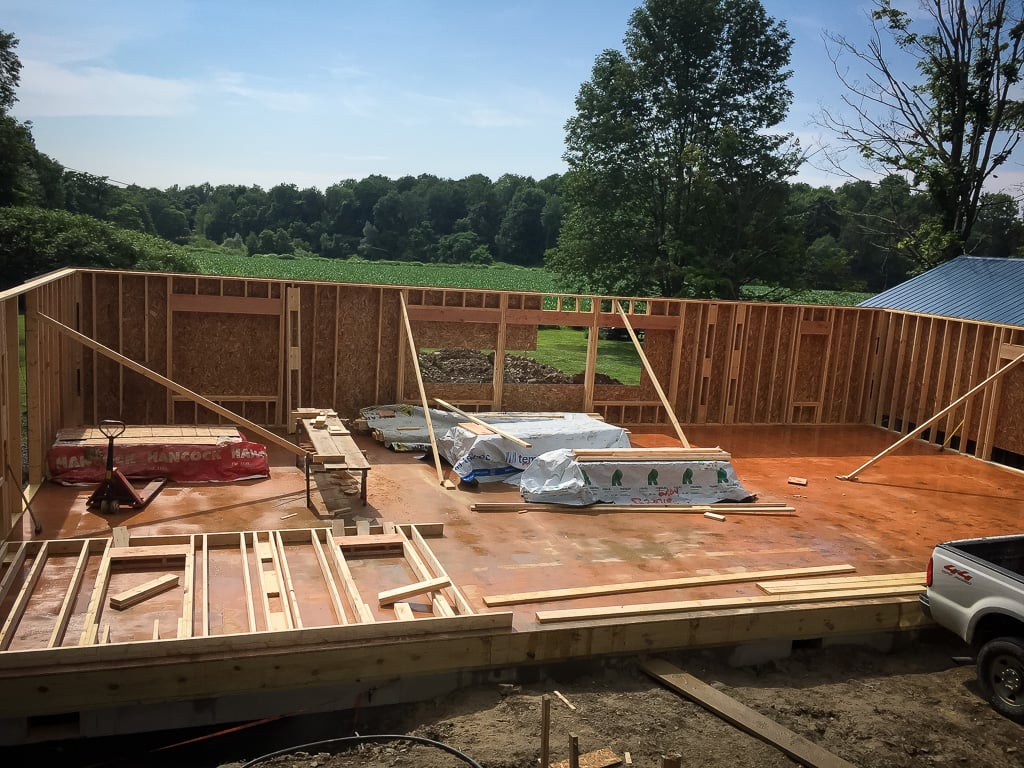 Floor deck and wall framing on a new build