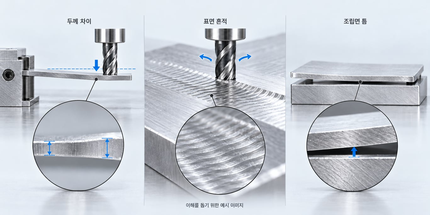 얇은 판의 변형으로 나타나는 두께 차이와 가공면 흔적, 조립면의 틈을 보여주는 이미지