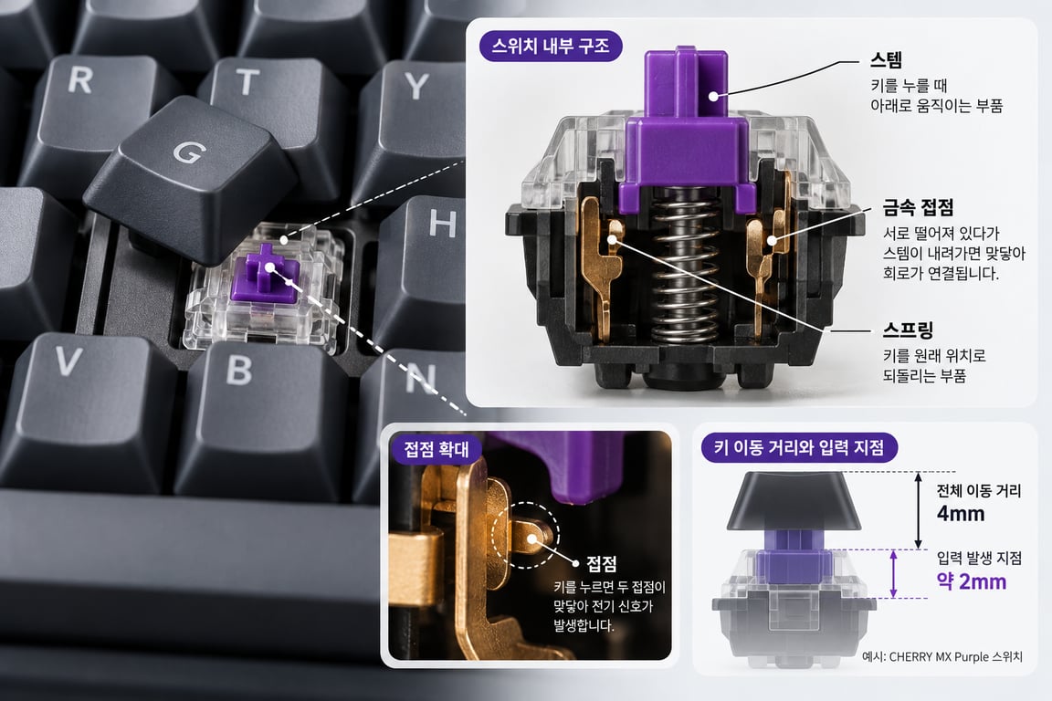 기계식 키보드의 키캡을 분리해 내부 스위치 구조를 보여주는 이미지