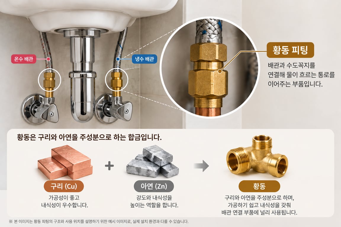 수도꼭지 아래 황동 피팅의 위치와 구성 소재