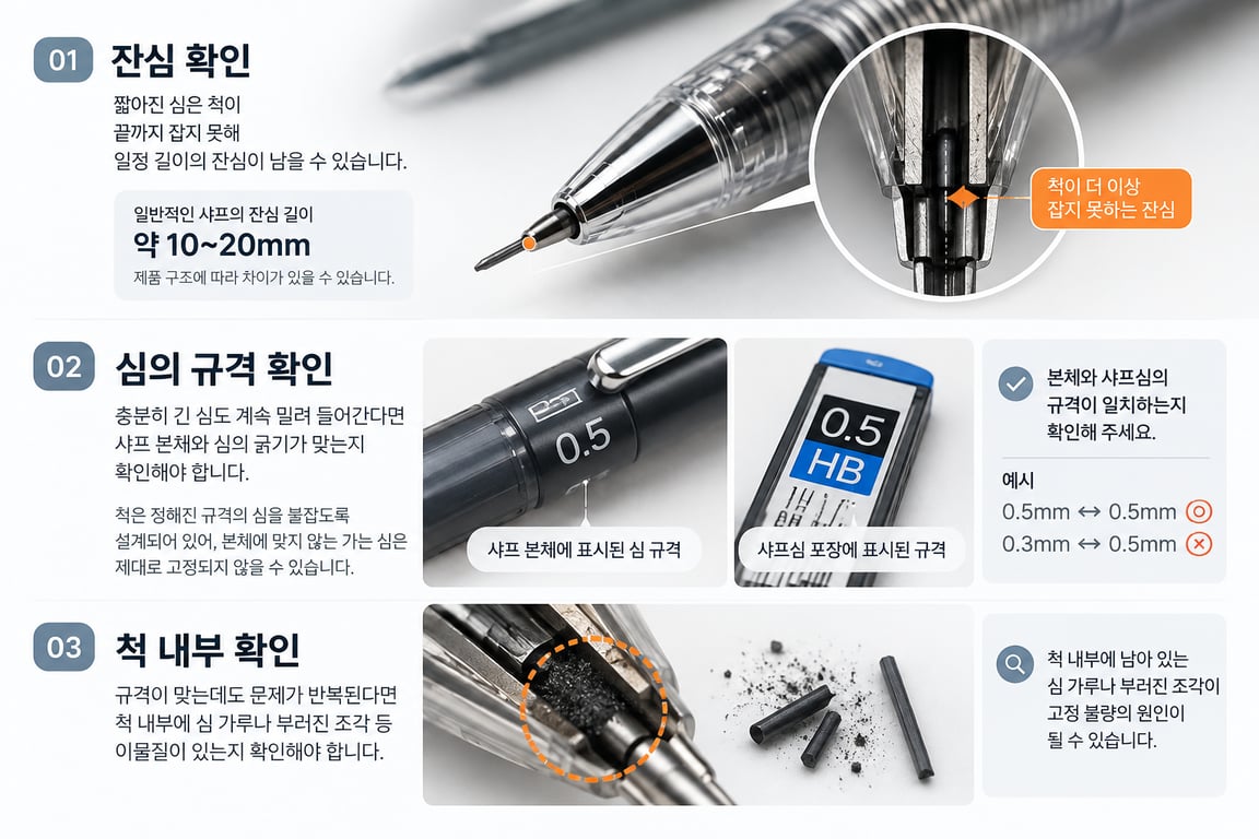 샤프심의 잔여 길이와 이물질 등 점검 사항