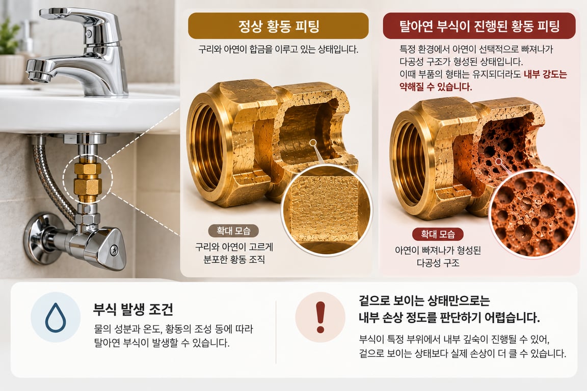 정상 황동 피팅과 탈아연 부식이 진행된 황동 피팅 비교