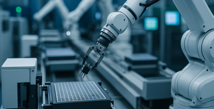 스마트 팩토리 생산 라인에서 작동 중인 산업용 로봇 암