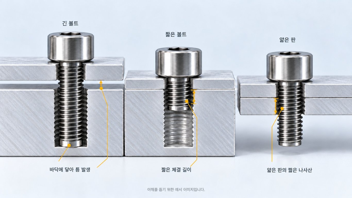 긴 볼트의 바닥 접촉으로 생긴 틈, 짧은 볼트의 체결 길이, 얇은 판의 나사산 길이를 비교한 단면 예시