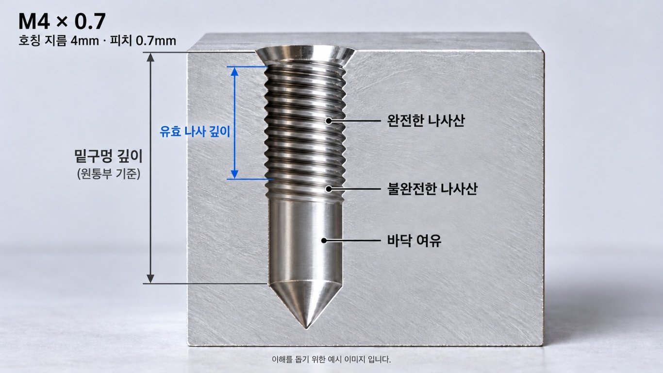 M4 나사의 호칭 지름과 피치, 막힌 구멍의 밑구멍 깊이와 유효 나사 깊이를 구분한 이미지