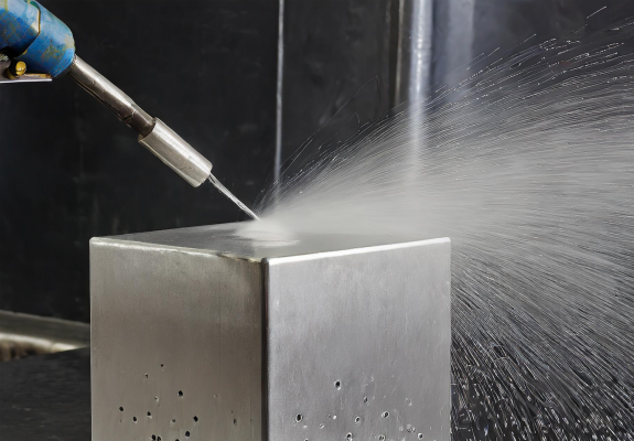 스테인레스에 비드 블라스팅 처리를 하는 사진이다.