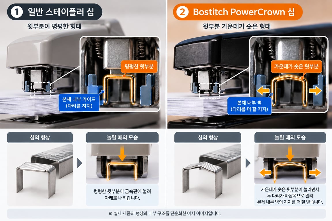일반 심과 PowerCrown 심의 형상 및 지지 방식 비교