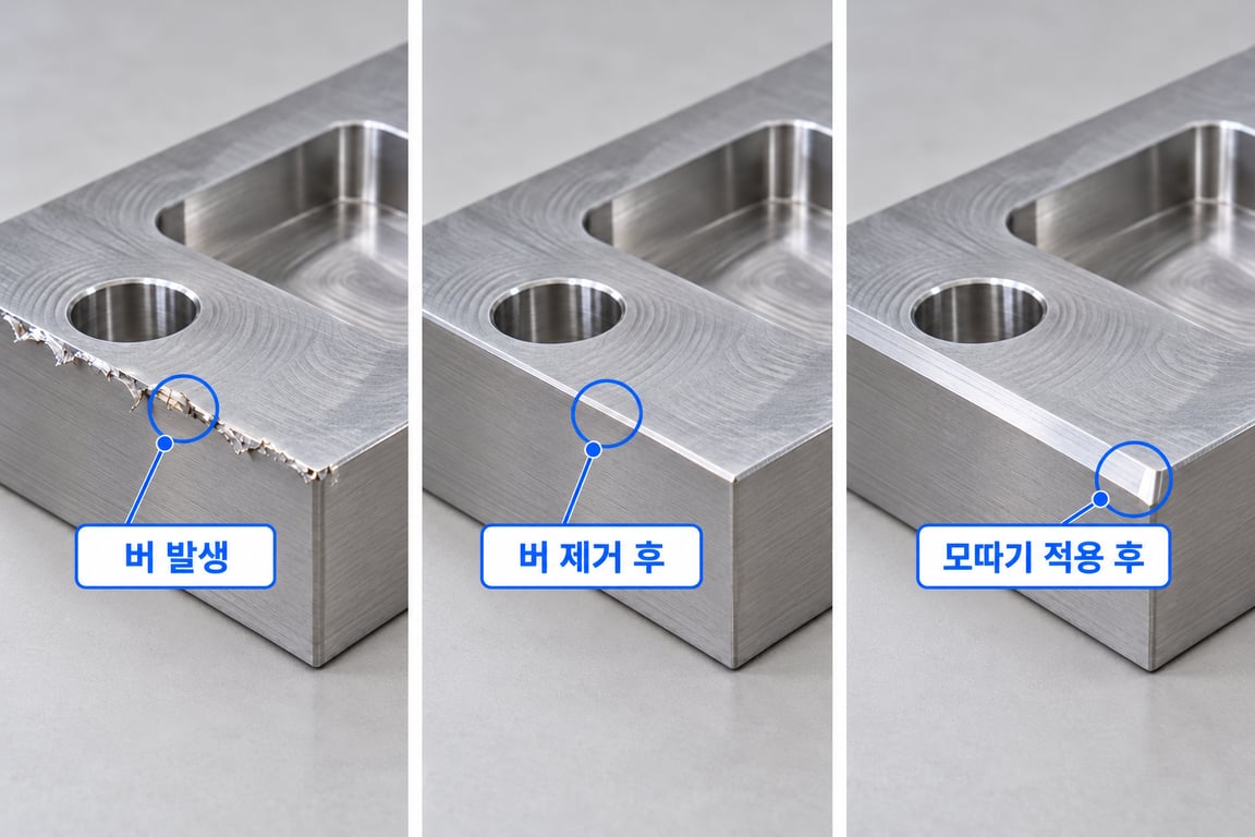 금속 부품의 버 제거 전후와 모따기를 적용한 가장자리 형상 비교