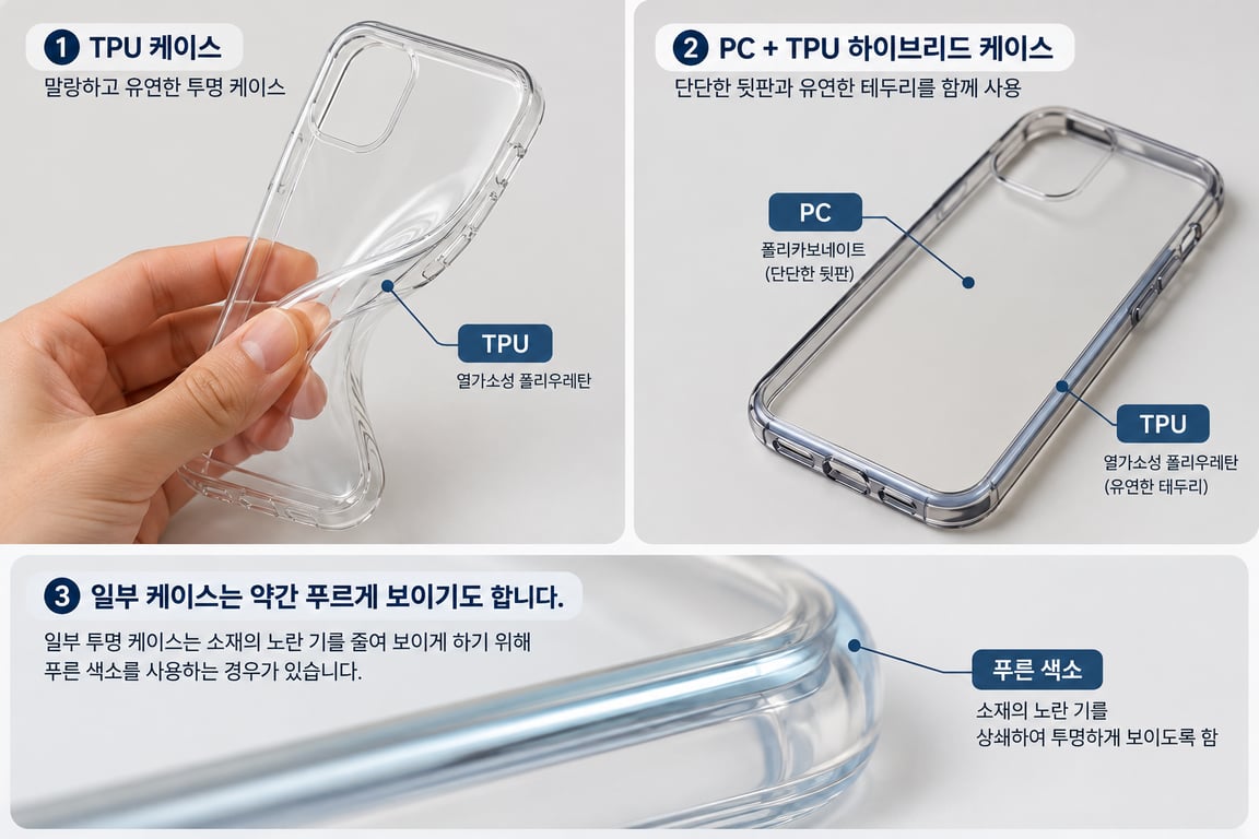 TPU 케이스와 PC&middot;TPU 하이브리드 케이스의 소재 구성 비교