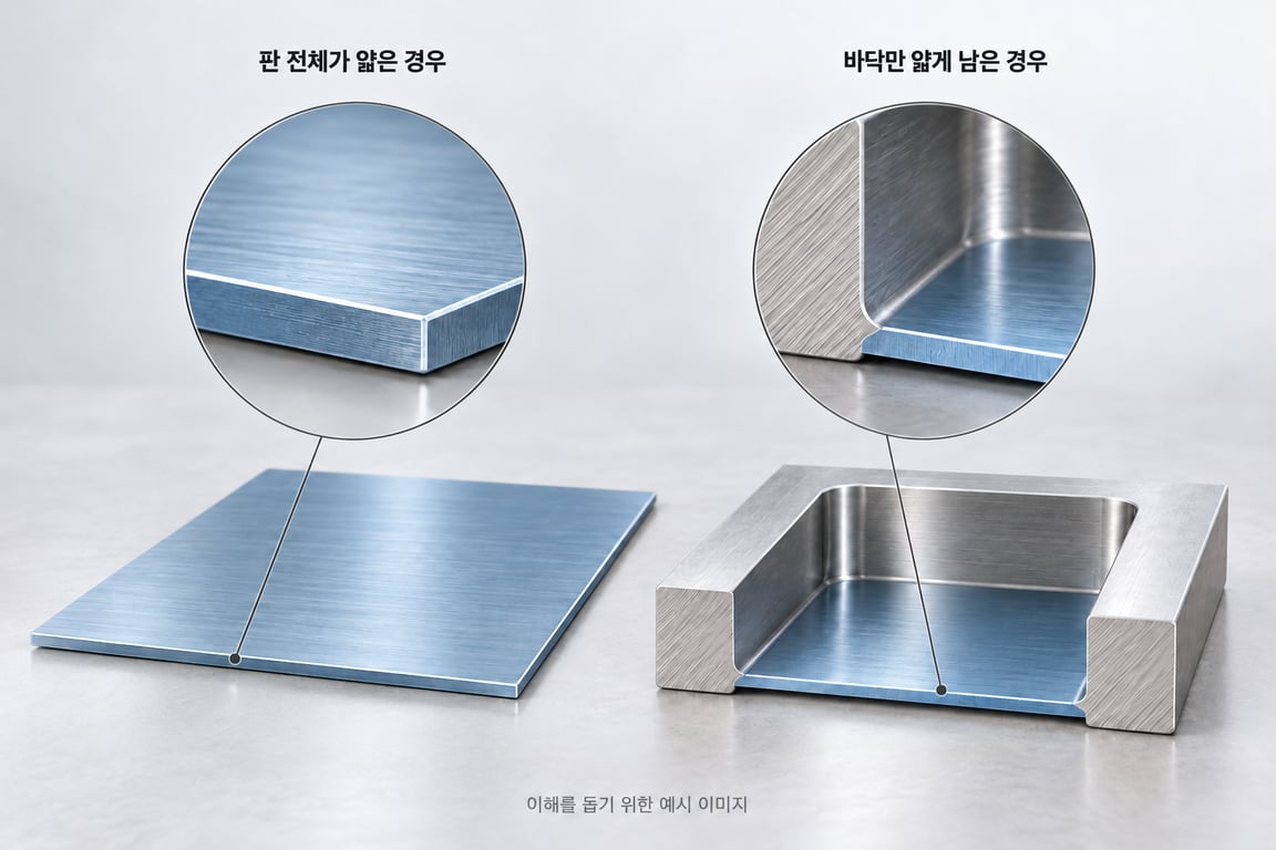 판 전체가 얇은 형상과 홈 아래 바닥이 얇게 남는 형상을 비교한 이미지