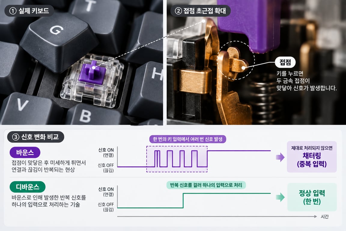 스위치 내부 금속 접점의 접촉과 분리 과정을 보여주는 이미지