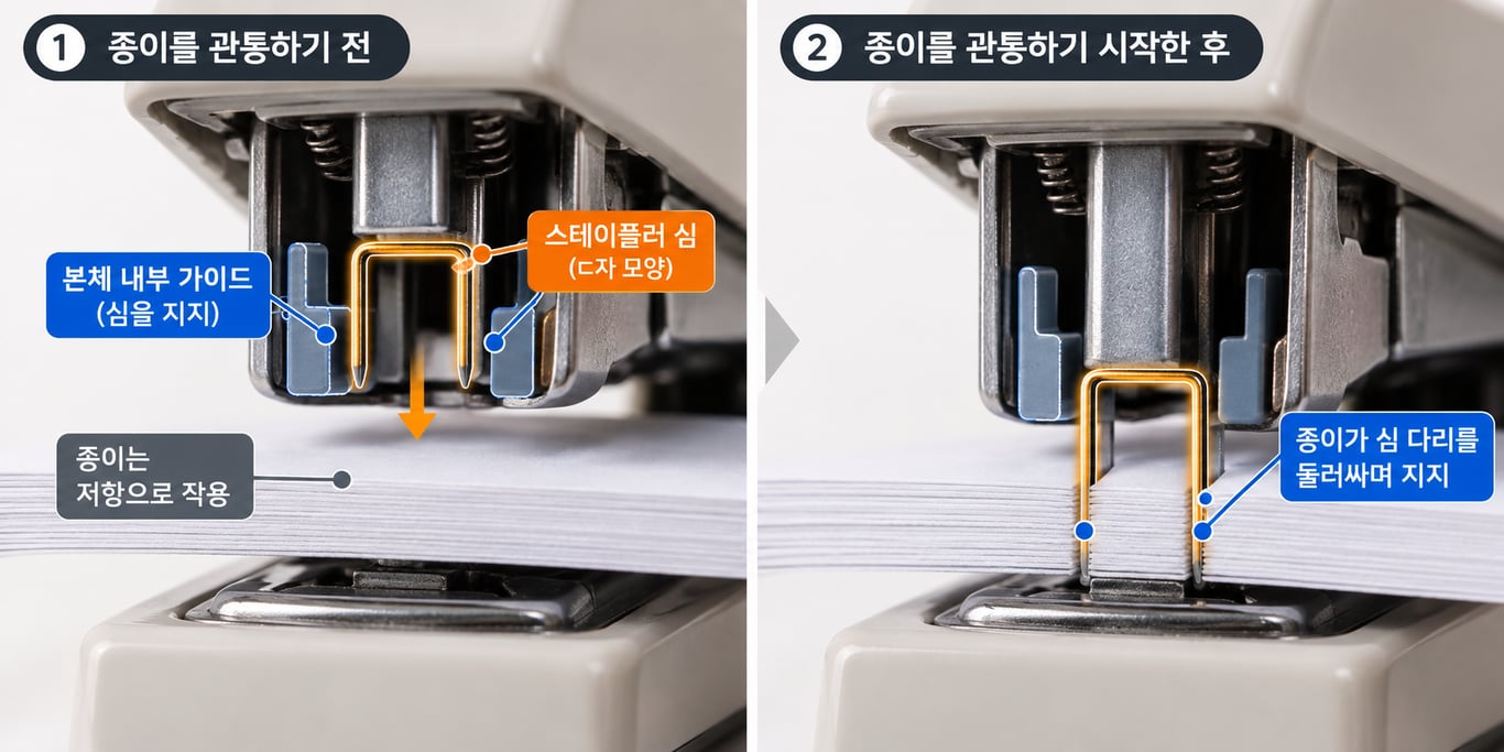 심이 종이를 관통하기 전과 후의 지지 구조 비교