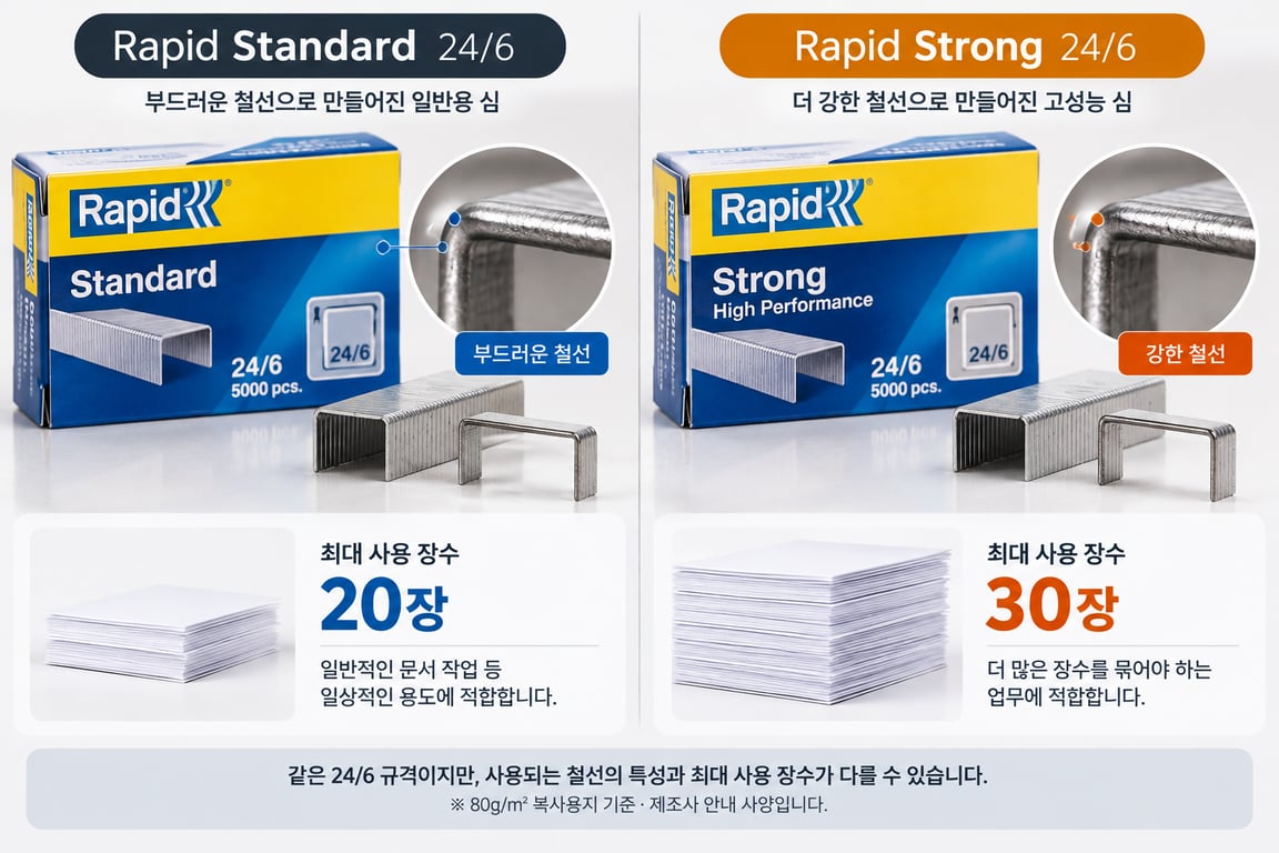 동일 규격 스테이플러 심의 철선과 최대 사용 장수 비교