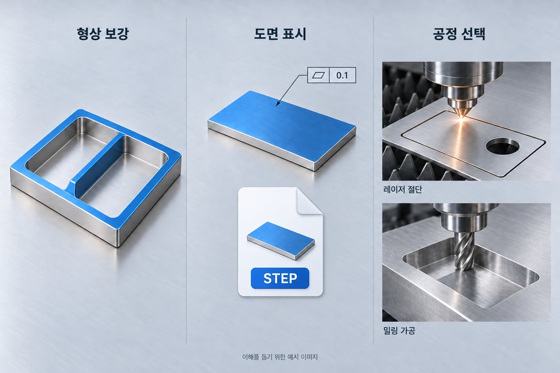 얇은 판에 리브를 더하거나 포켓 가장자리에 테두리를 남겨 강성을 보완한 설계 예시