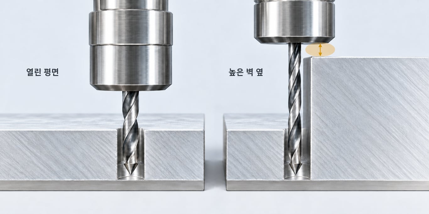 같은 크기의 구멍이라도 주변의 높은 벽 때문에 드릴 홀더의 접근 공간이 달라지는 모습을 비교한 이미지