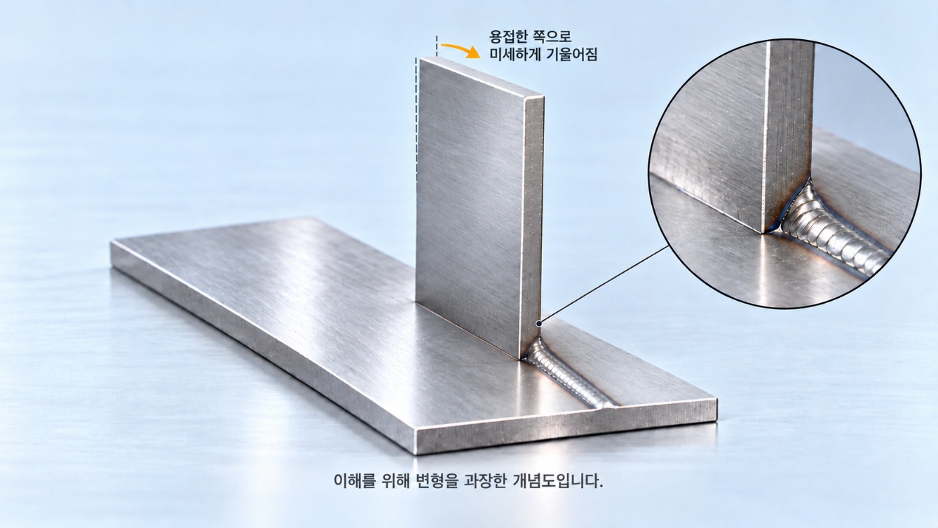 용접부 수축으로 T자 이음이 기울어지는 개념도 이미지