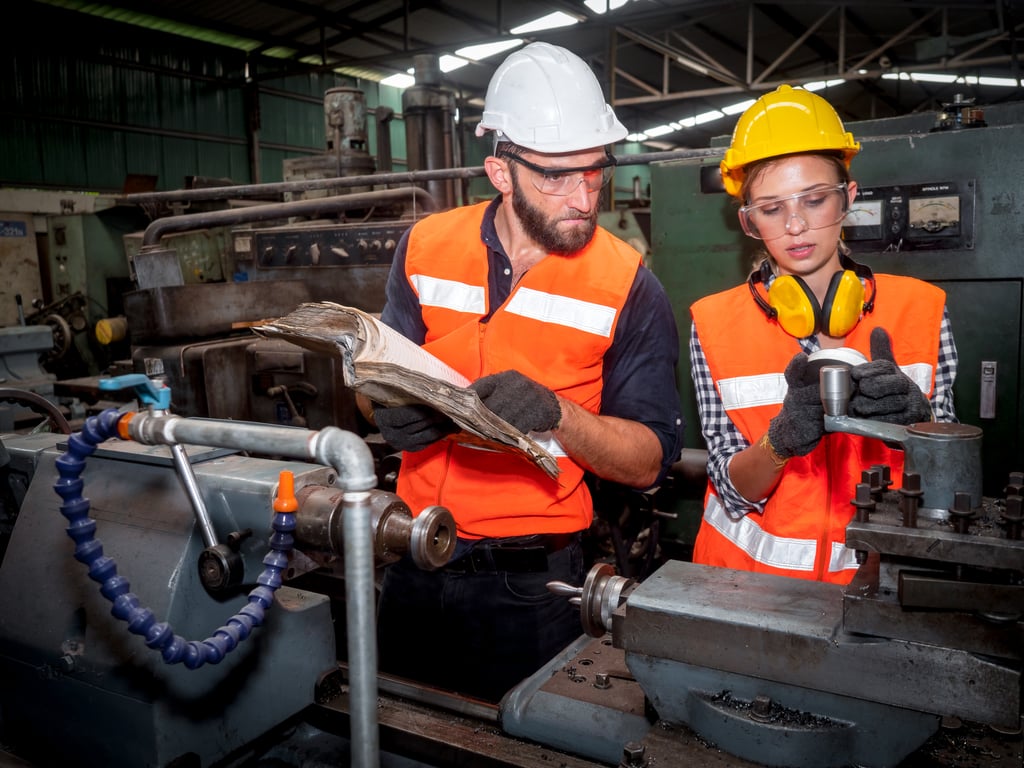 CNC 기계 앞에서 설명하고 있는 두 기계공학 기술자