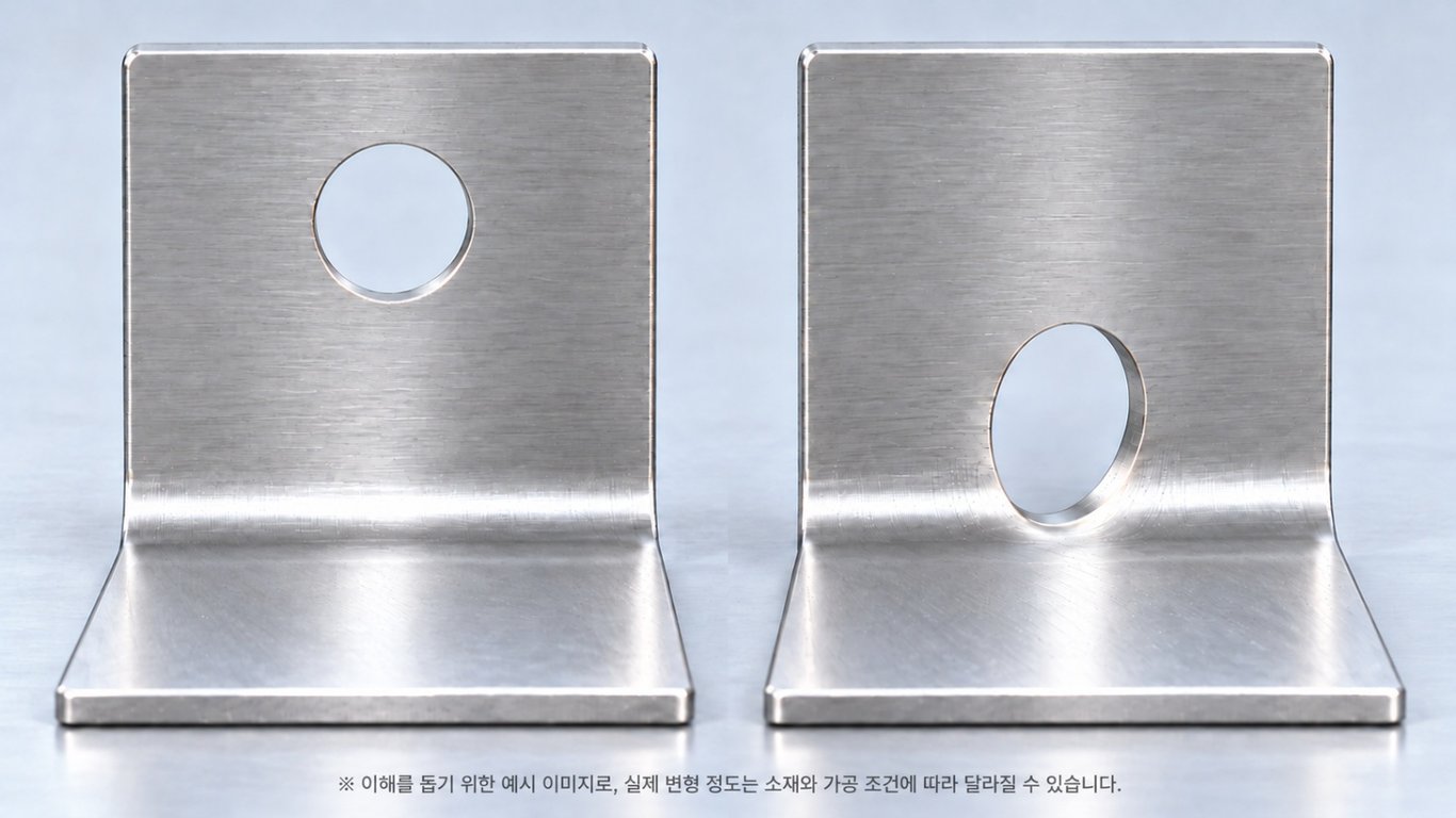 절곡부에서 떨어진 원형 구멍과 절곡부 가까이에서 타원형으로 변형된 구멍을 나란히 비교한 3D 예시 이미지
