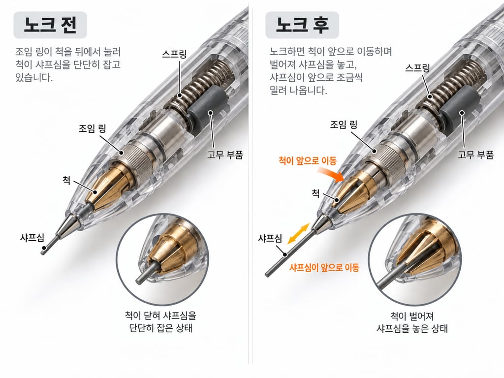 샤프 내부의 척과 조임 링 구조 및 노크 전후 작동 과정