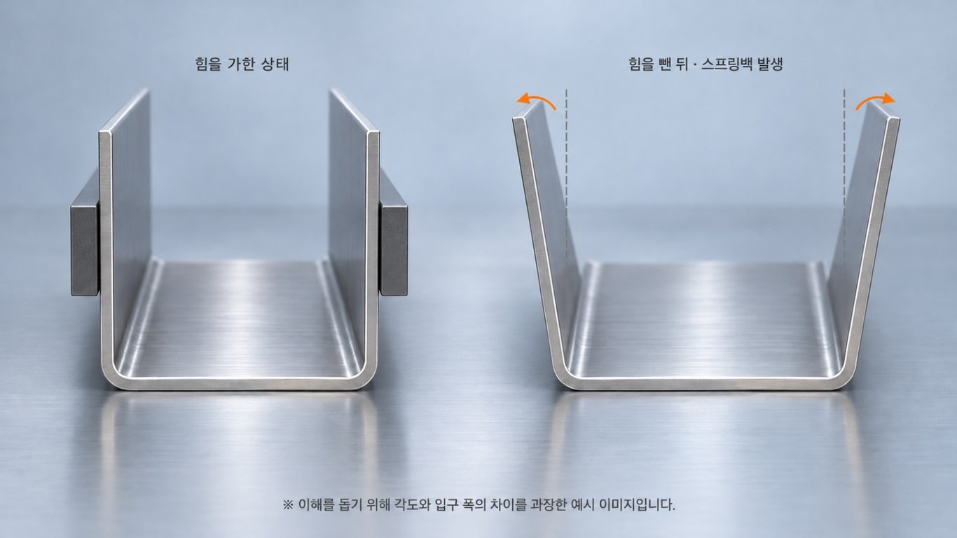 힘을 가한 상태의 U자형 판금 부품과 힘을 뺀 뒤 양쪽 면이 벌어져 입구 폭이 넓어진 상태를 비교한 스프링백 개념 이미지