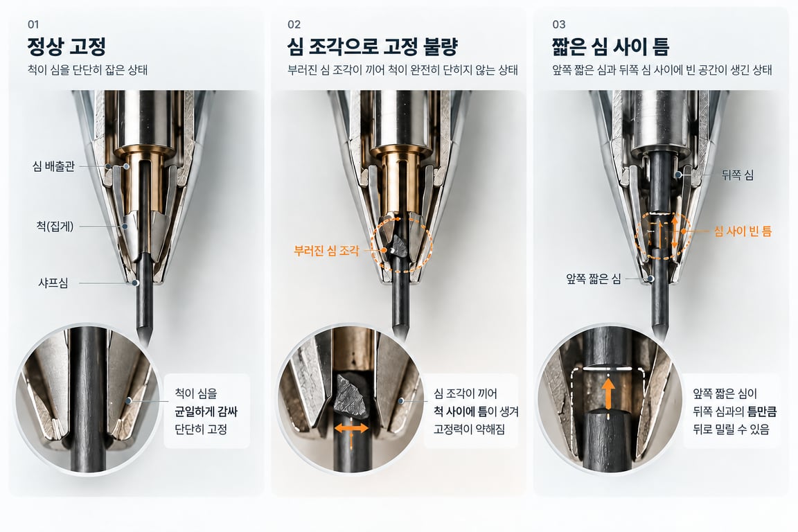 샤프심이 안으로 밀려 들어가는 원인과 고정력 저하