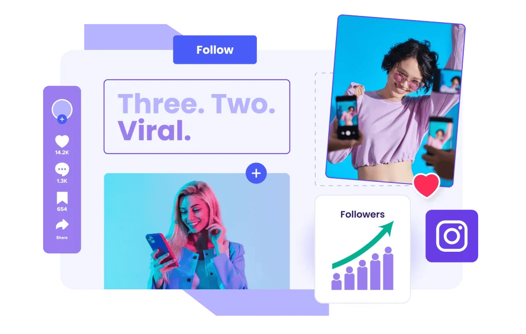 Instagram growth activity shown across follower, engagement, and profile mockups