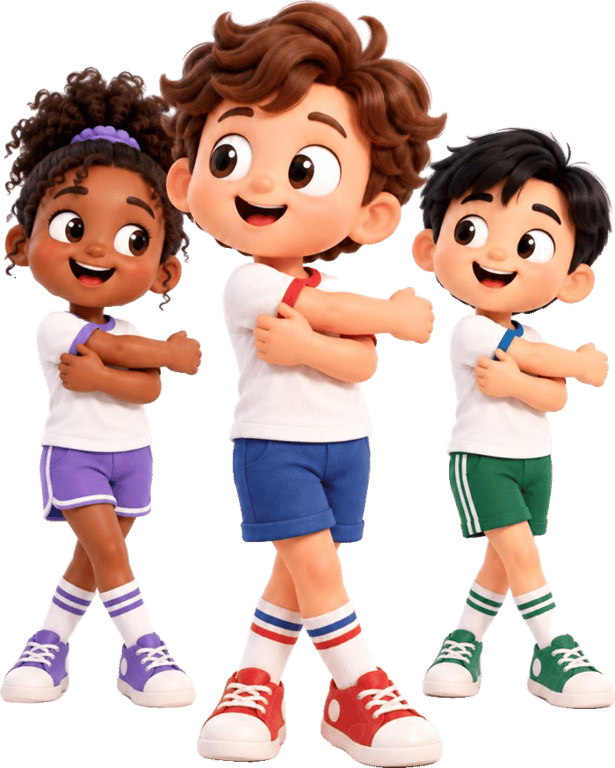 Three animated kids doing a self-hug stretch together
