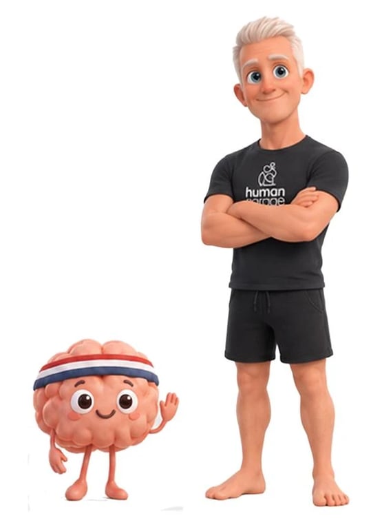 Animated Garry Lineham in a Human Garage t-shirt standing beside a waving brain character wearing a headband