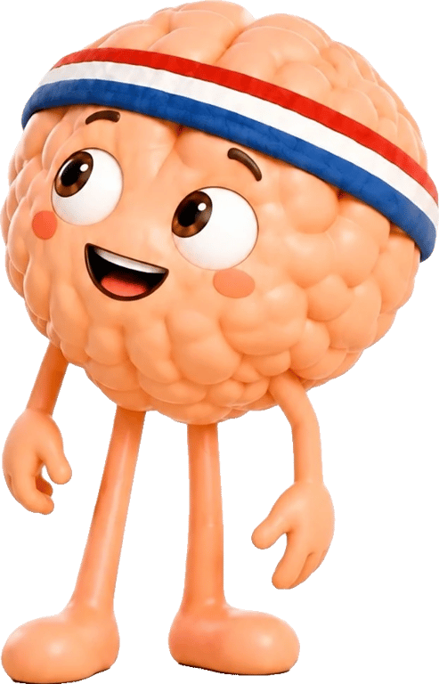 Animated brain character in a headband, smiling and looking toward the center