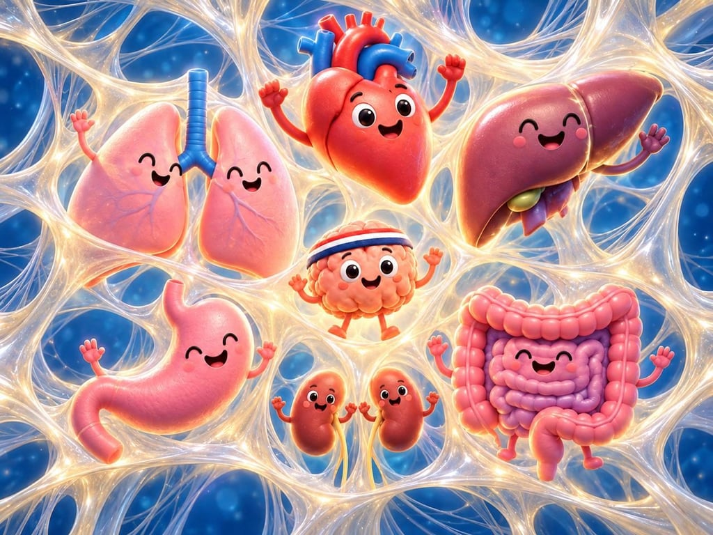 Heart, lungs, liver, stomach, kidneys, intestines and the headband brain cheering inside glowing fascia