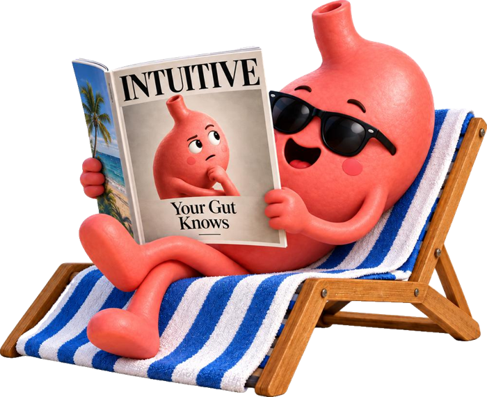 Stomach character relaxing in a beach chair reading Your Gut Knows